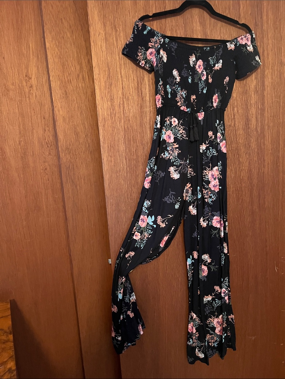 Band of Gypsies Black Floral Off-Shoulder Jumpsuit with Pink and Teal Blooms